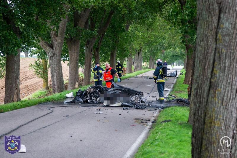 La distruzione totale di una Porsche che esce di strada in un viale alberato