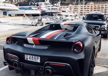 Ecco Leclerc in strada sulla Ferrari 488 Pista personalizzata (striscia bianco rossa)