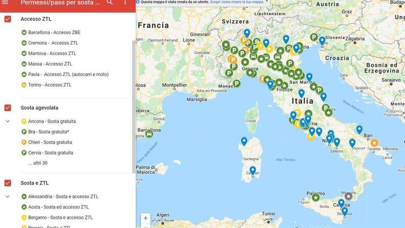 Mappa interattiva (Google): aree ZTL e parcheggi per auto elettriche in Italia