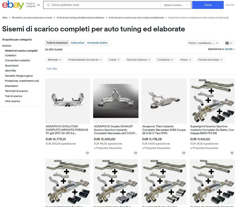 Una selezione di scarichi auto completi, disponibili su eBay