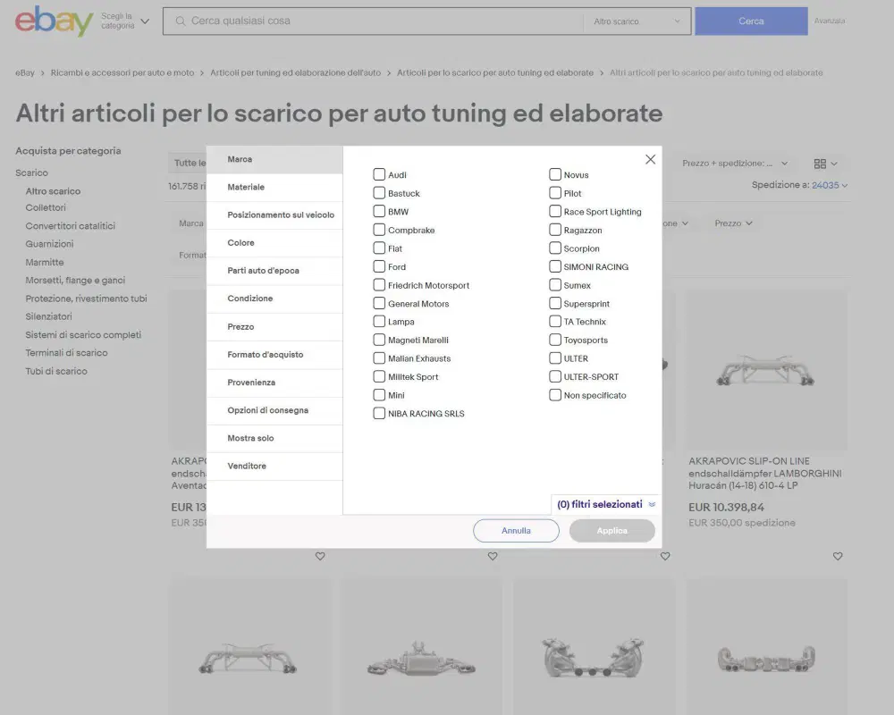 Un filtro degli scarichi auto, acquistabili su eBay