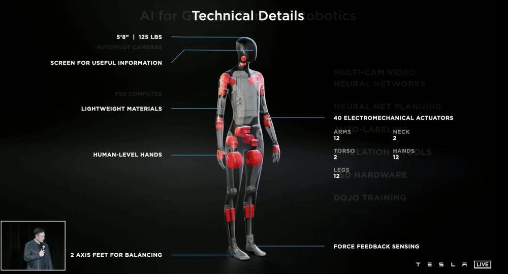 Schema meccanico di Optimus. Dalle specifiche tecniche risultano uno schermo sul viso, il Force Feedback e 40 attuatori elettromeccanici che fungono da articolazioni