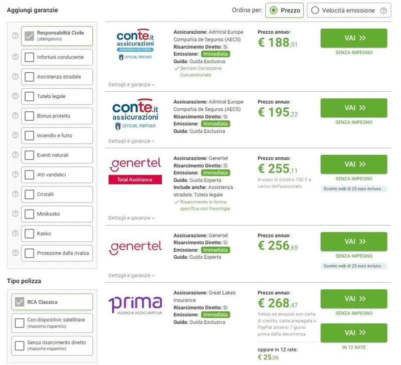 Esempio di preventivi con la sola Responsabilit&agrave; Civile obbligatoria