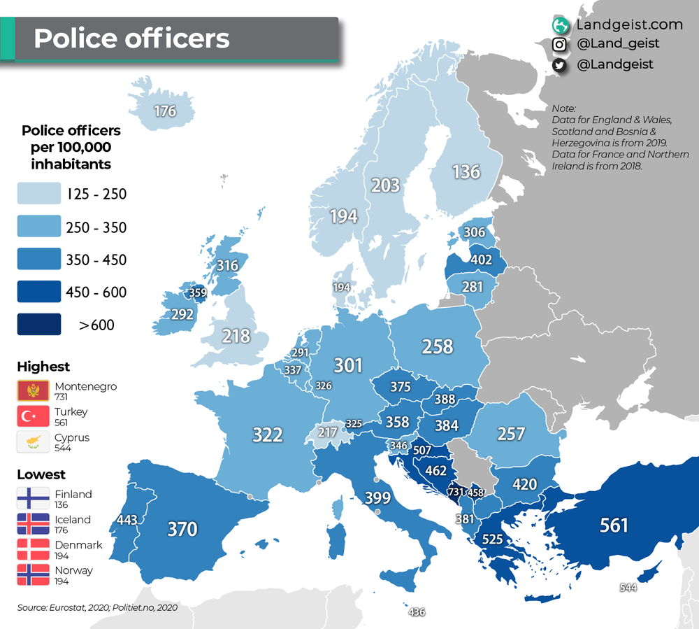 Numero di poliziotti per 100mila abitanti in Europa