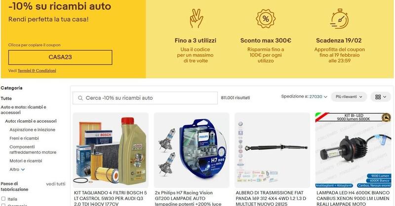 Arriva il coupon di eBay: 10% di sconto su accessori auto e ricambi