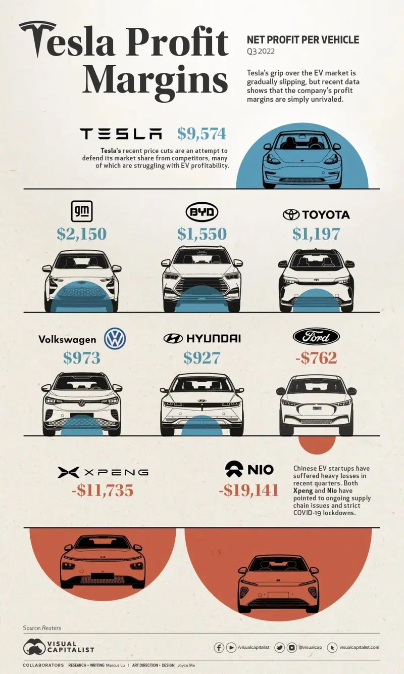 L'infografica di Visual Capitalist che evidenzia i margini di Tesla sulle proprie auto e il confronto con il principali concorrenti