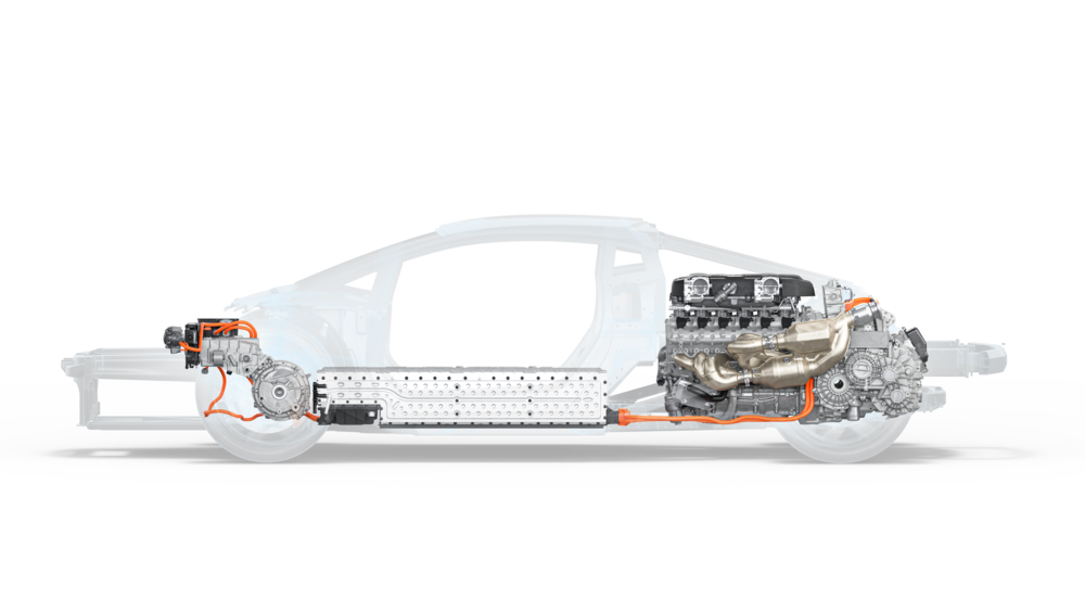 Il layout della nuova Lambo V12 con tre motori elettrici: al posto dell&#039;albero di trasmissione c&#039;&egrave; la batteria