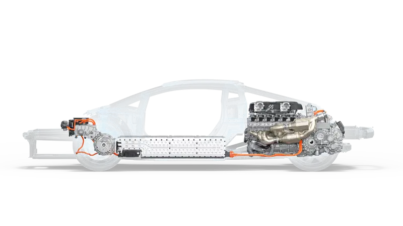 Il layout della nuova Lambo V12 con tre motori elettrici: al posto dell'albero di trasmissione c'&egrave; la batteria