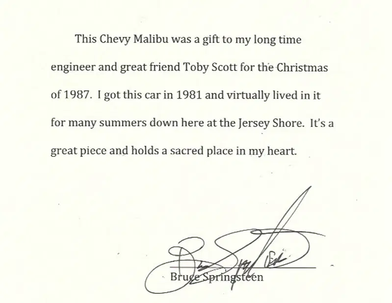 La dedica che &egrave; anche un certificato di origine della Chevy di Bruce Springsteen
