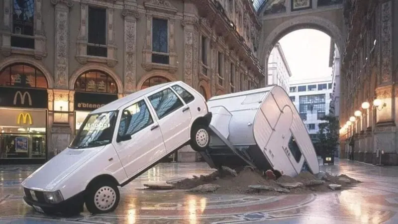 Vent'anni fa: la Fiat Uno con roulotte al seguito irrompeva in Galleria a Milano
