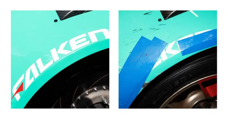 Un parafango in carbonio della 911 GT3 R 992 della Falken prima e dopo la cura di bellezza "Nordschleife"