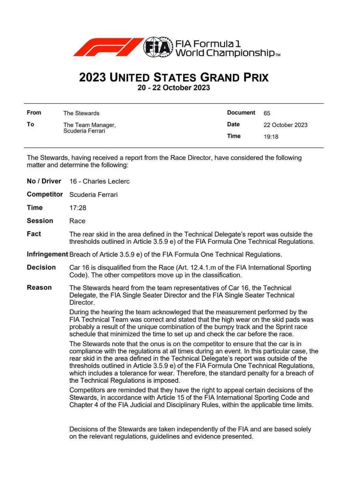 Formula 1. Squalificati Leclerc ed Hamilton al Gran Premio degli Stati Uniti 2023