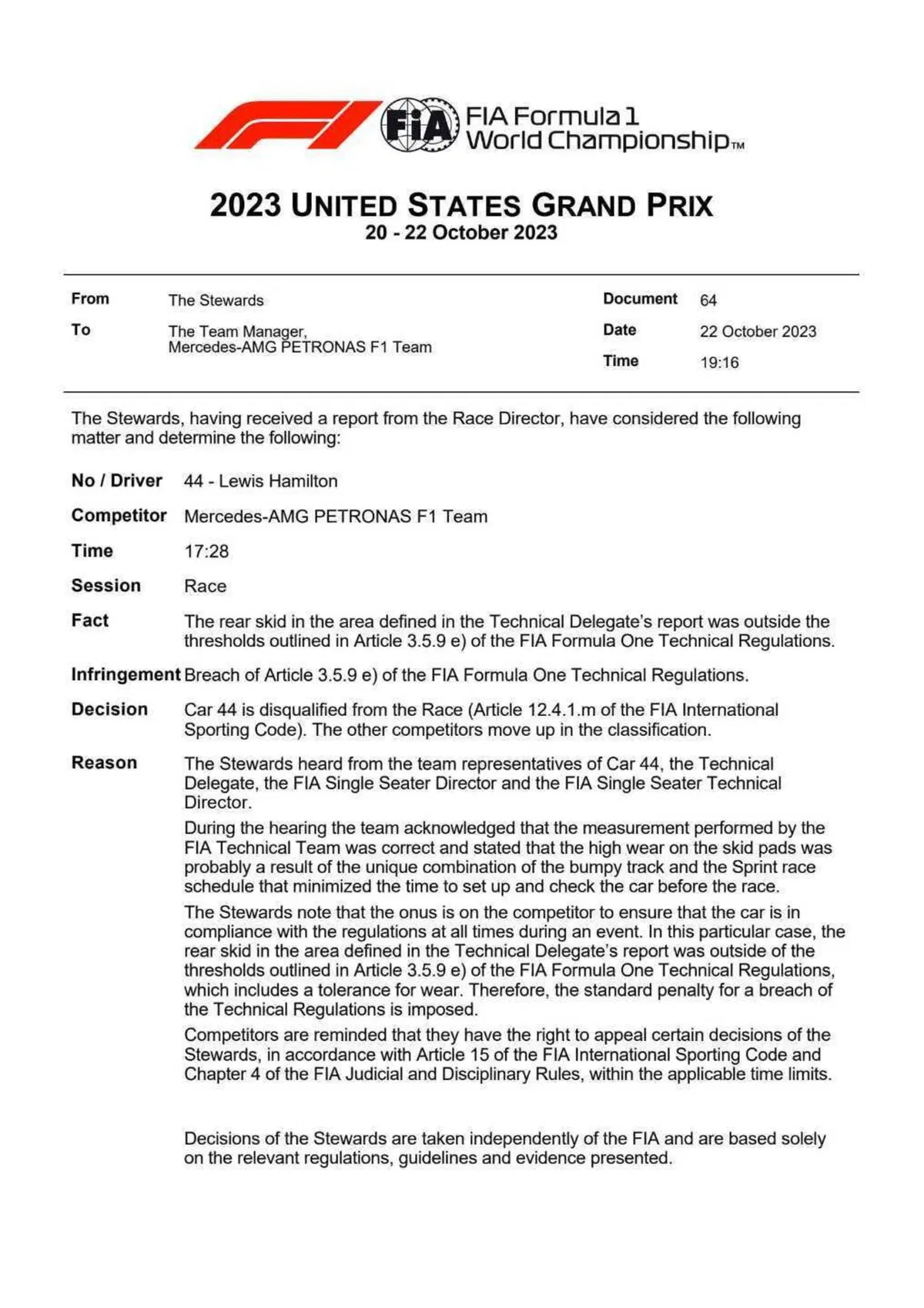 Formula 1. Squalificati Leclerc ed Hamilton al Gran Premio degli Stati Uniti 2023 (2)