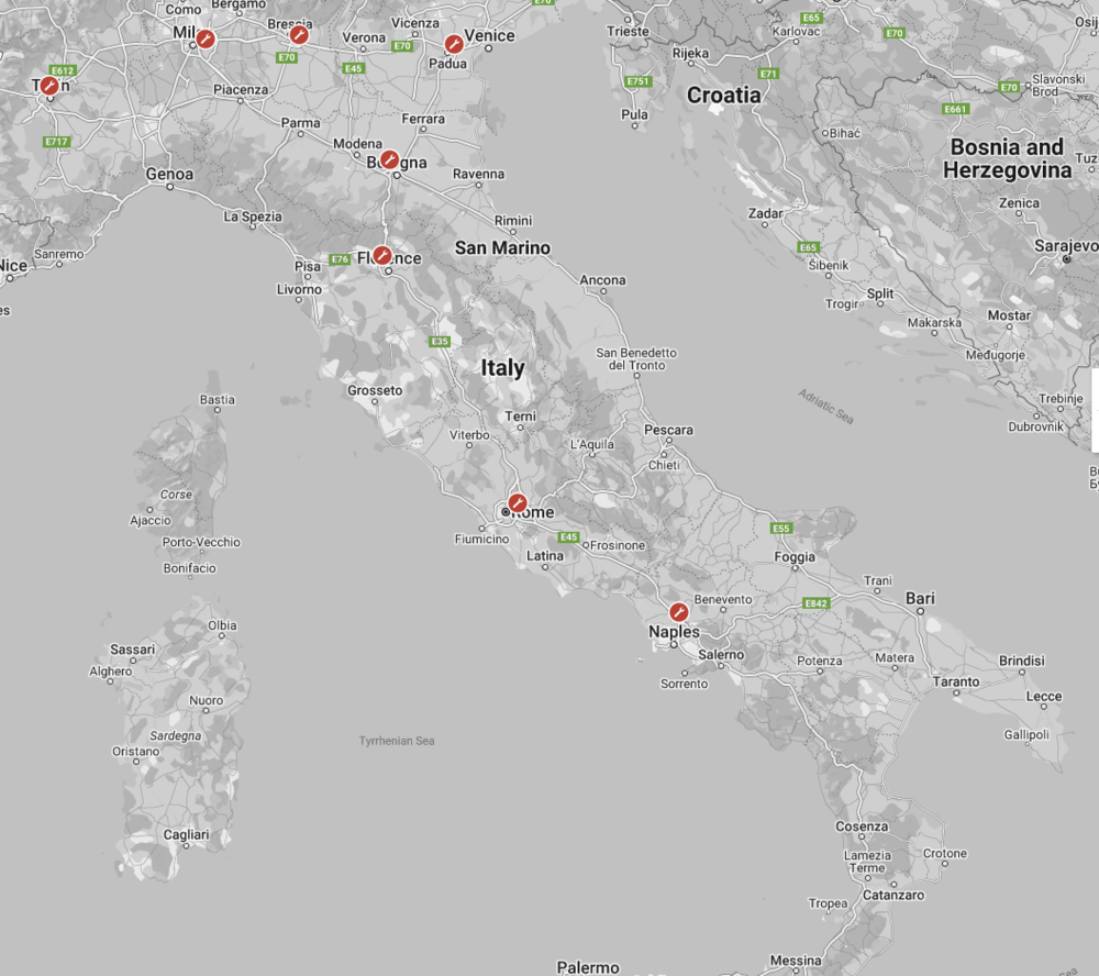 Gli attuali centri di assistenza Tesla in Italia (Verona non &egrave; ancora stato aggiunto)
