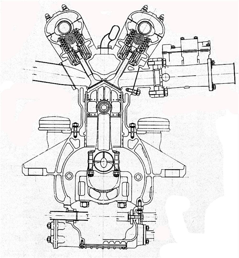 Sezione trasversale del motore Ferrari 500 F2 a quattro cilindri in linea con il quale Ascari ha conquistato il titolo mondiale nel 1952 e nel 53. Testa e blocco cilindri sono costituiti da un&rsquo;unica fusione, nella quale sono avvitate le canne riportate in umido. Si notino le punterie a rullo