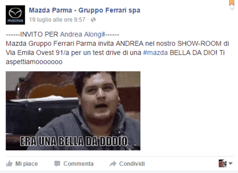 L&#039;invito ad Alongi apparso sulla pagina Facebook del concessionario parmense