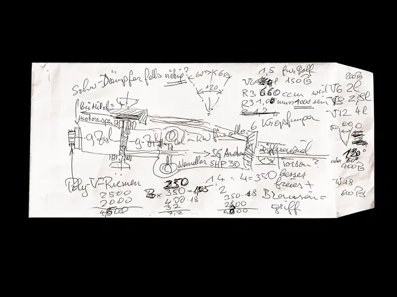Il disegno originale fatto da Ferdinand Pi&euml;ch del motore