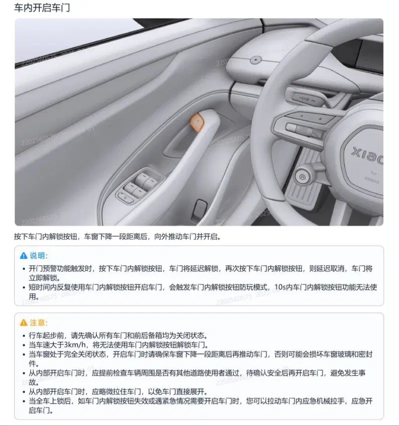 Libretto delle istruzioni sull'apertura delle portiere della Xiaomi SU7