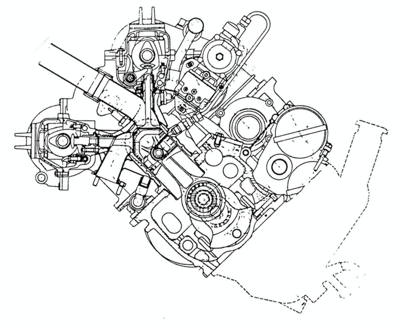 Sezione trasversale del motore M 196 a otto cilindri in linea. Come si pu&ograve; notare, i condotti di aspirazione sono downdraft, la distribuzione &egrave; desmodromica e le valvole fortemente inclinate tra loro. I cuscinetti di banco e di biella sono a rotolamento