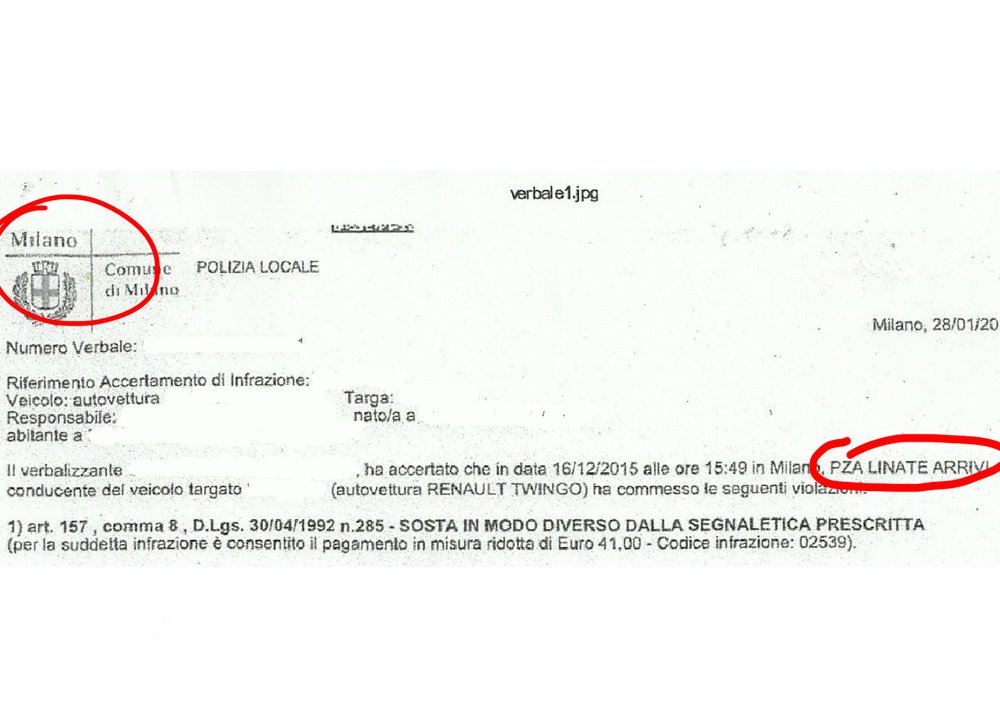 Verbale N. 1 e 2, violazione accertata in un&#039;ipotetica Piazza Linate, Milano