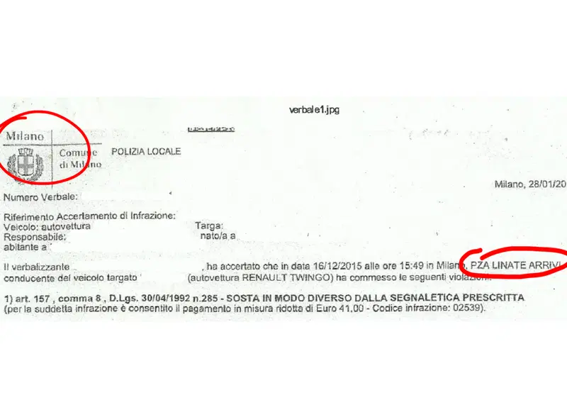 Verbale N. 1 e 2, violazione accertata in un'ipotetica Piazza Linate, Milano