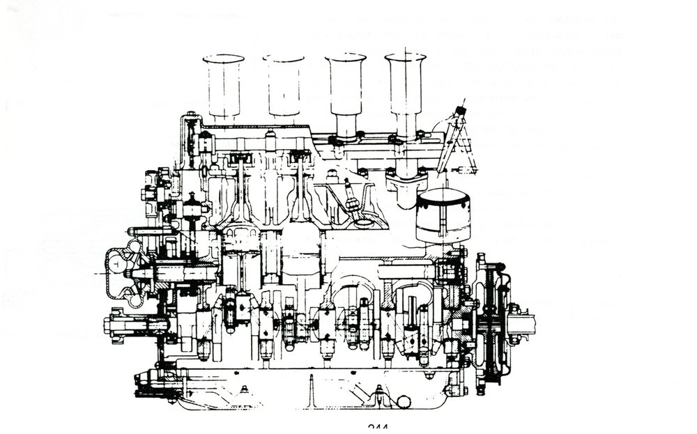 Il disegno consente di osservare il comando della distribuzione del motore V8 Coventry Climax di Formula Uno. Vengono  impiegate due catene che prendono il moto da un corto albero  ausiliario mosso dall&rsquo;albero a gomiti tramite una coppia di  ingranaggi