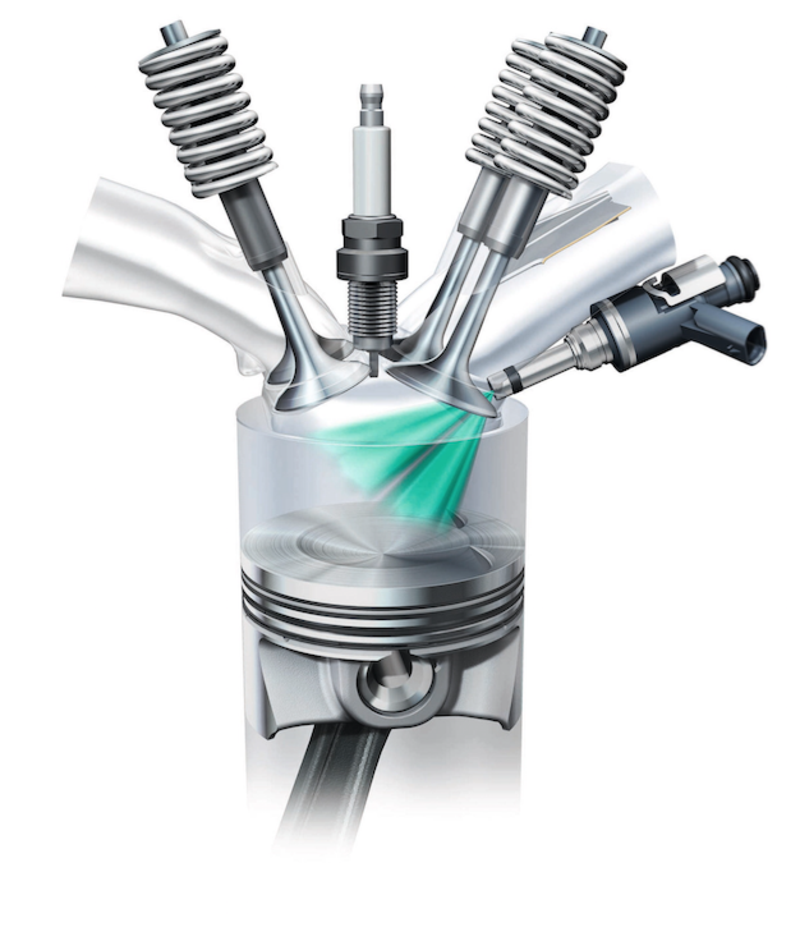 Il disegno illustra la disposizione delle quattro valvole di ciascun cilindro e dell&rsquo;iniettore, fortemente inclinato, in un moderno motore Audi TFSI sovralimentato mediante turbocompressore  