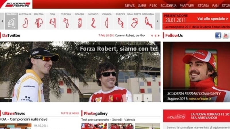 Kubica: sul sito ufficiale gli auguri della Ferrari
