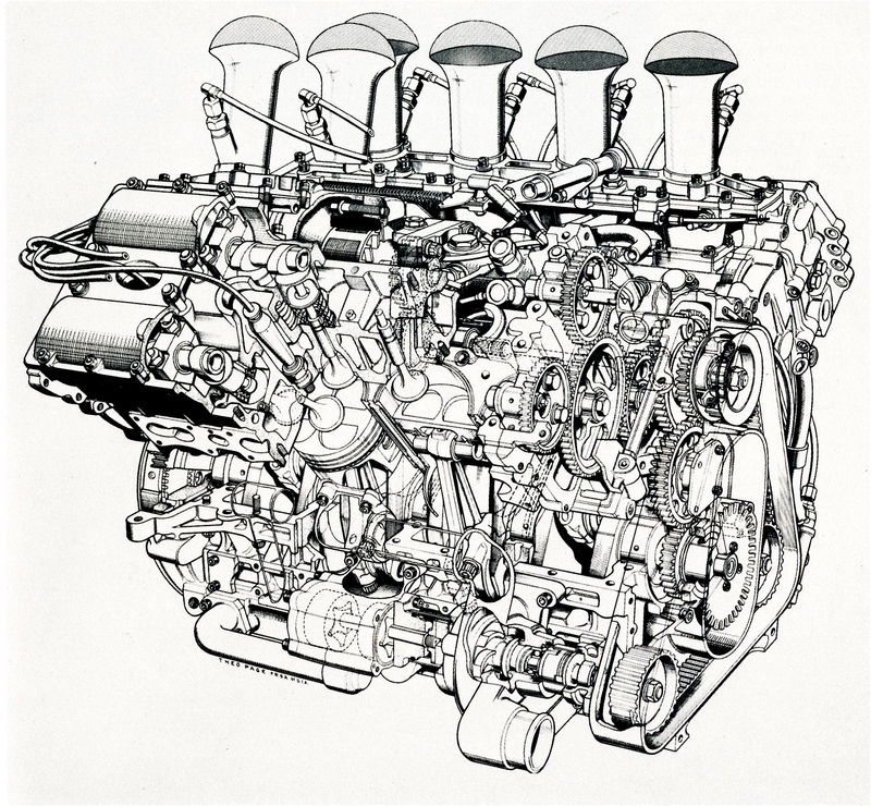 Questo splendido spaccato del V8 DFV mostra chiaramente la disposizione e la conformazione degli organi interni. I quattro alberi a camme vengono comandati da due cascate di ingranaggi e l&rsquo;albero a gomiti ha le manovelle a 180&deg;