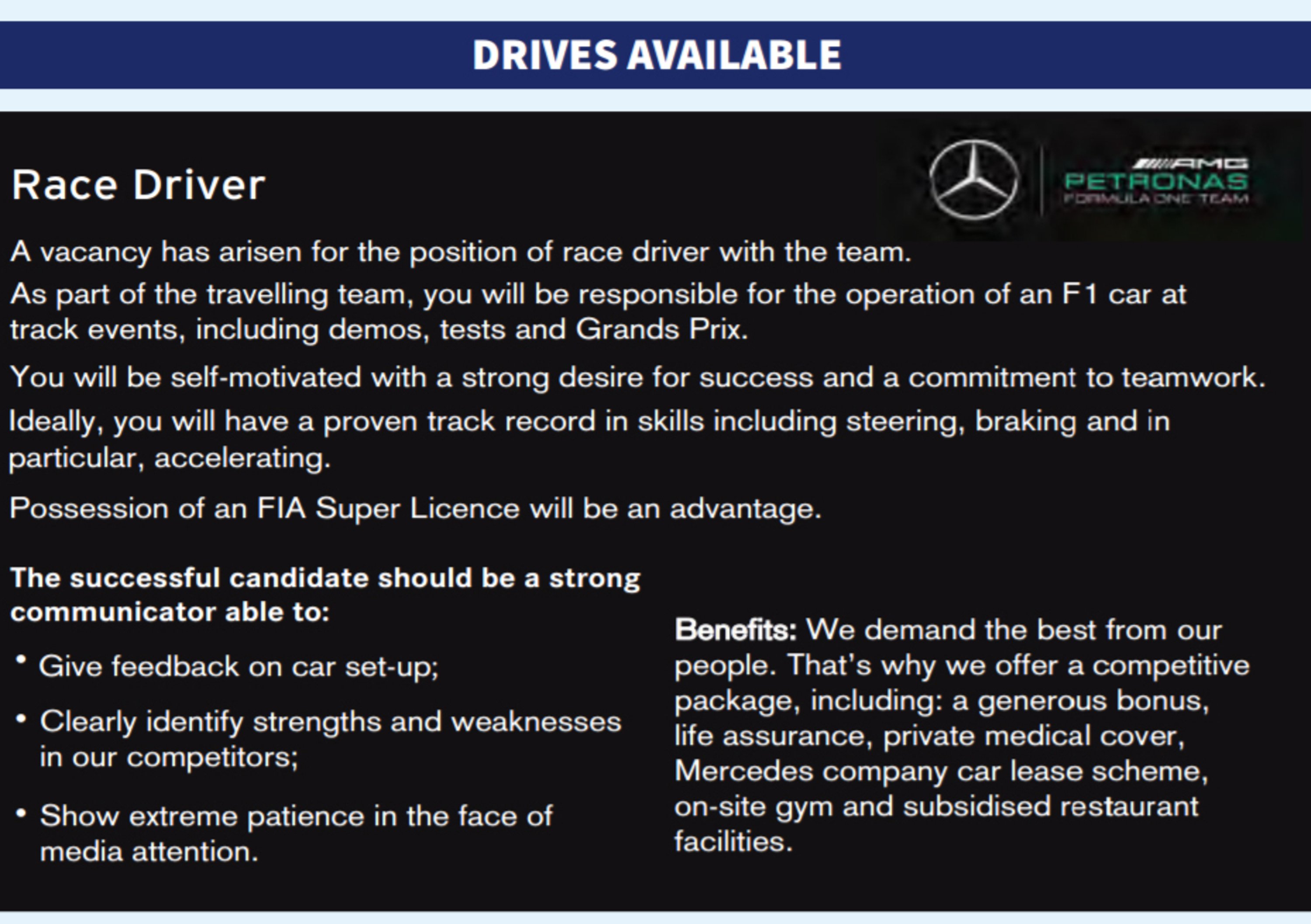 F1, AAA pilota cercasi: l&#039;ironico annuncio della Mercedes