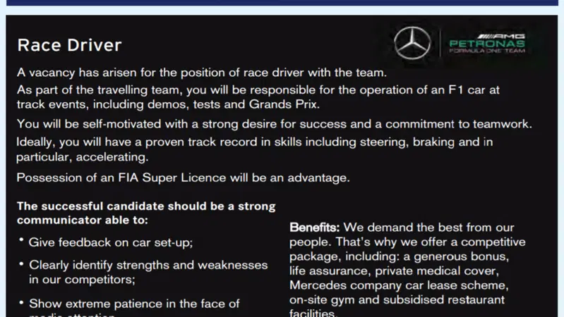 F1, AAA pilota cercasi: l'ironico annuncio della Mercedes