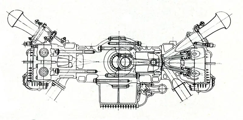 La sezione del motore Ferrari a dodici cilindri contrapposti di Formula Uno. Si possono tra l&rsquo;altro notare il ridotto angolo tra le valvole (solo 20&deg;), le canne dei cilindri riportate, con la parte superiore &ldquo;umida&rdquo;. (Immagine da rivista ATA)