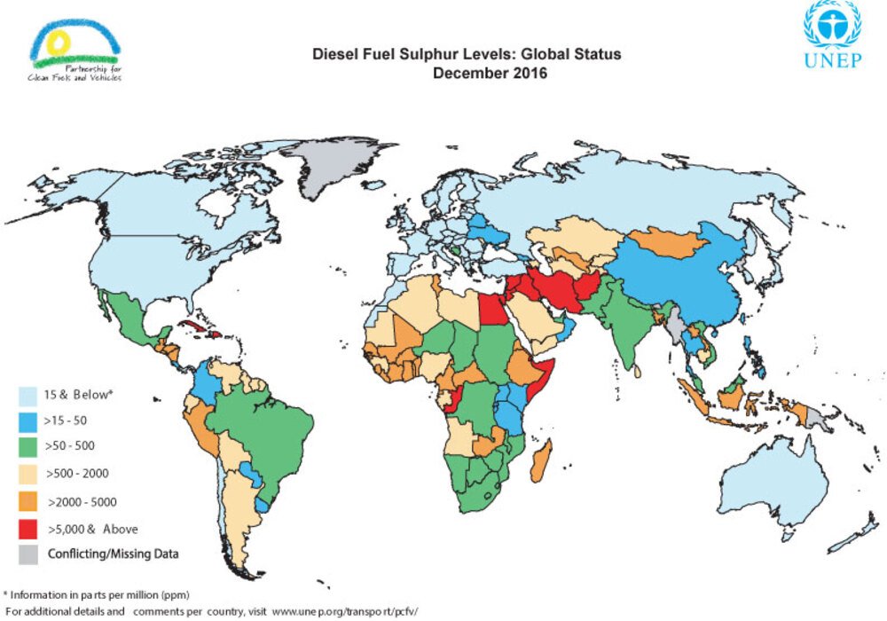 Limiti di PPM di zolfo nel gasolio ammessi nel mondo. Fonte: Nazioni Unite