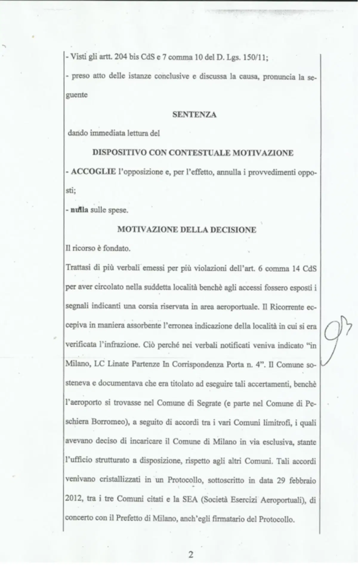 Multe a Linate, il giudice accoglie i ricorsi e annulla 29 verbali (2)
