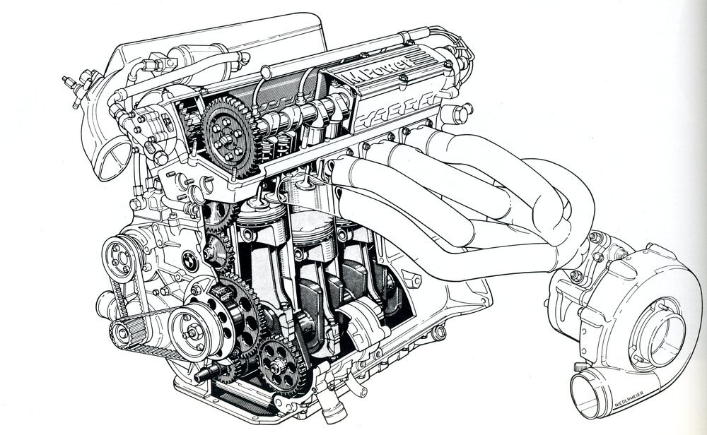 Il motore BMW a quattro cilindri in linea, pur essendo sempre stato uno dei pi&ugrave; potenti, era di una straordinaria semplicit&agrave; strutturale. Il basamento in ghisa con canne integrali era quello di un modello di serie, leggermente modificato. Pure in questo caso le bielle avevano il fusto con una sezione ad H rovesciata