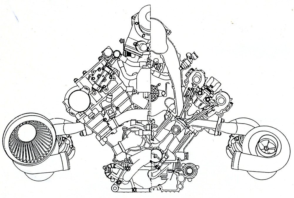 Sezione del motore Honda RA 168, vincitore dell&rsquo;ultimo mondiale dell&rsquo;epoca turbo (1988). Il basamento era in ghisa e per i cilindri si impiegavano canne umide con bordino di appoggio superiore. Si notino i bilancieri a dito e i due turbocompressori IHI dalle dimensioni impressionanti 