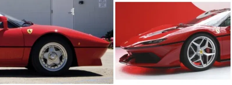 288 GTO e J50: dal loro non infrequente gioco di naso-naso, oltre alla vicinanza &ldquo;emozionale&rdquo; che suscita l'andamento del parafango verso il montante, si noti che l'inclinazione della parte bassa del musetto ha la stessa angolatura. L'evoluzione della funzionalit&agrave; degli spoiler inferiori &egrave; ben evidenziata in queste foto. Questa &egrave; dovuta anche alle performance tecnico-stilistiche ottenibili con i nuovi materiali fibro-resinati (diverse fibre, diverse resine), e dall'abilit&agrave; degli artigiani che le lavorano e le migliorano ogni giorno