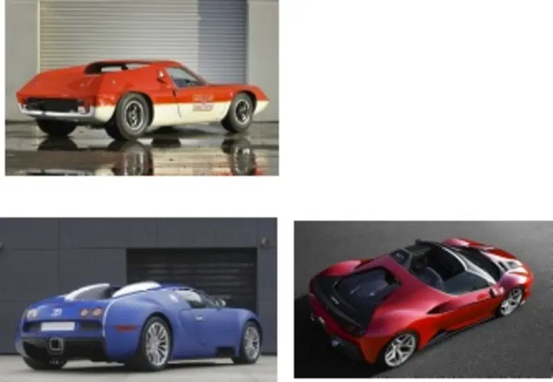  Lotus Europa, Bugatti Veyron e J50: il padiglione posteriore &ldquo;a superficie piena&rdquo; in tre ambiti ed ere diverse della tipologia berlinetta. Lotus presenta due sorte di vele, che scendono subito nel cofano. Bugatti sale ancora nelle prese d'aria, presentando anch'essa un fianco  bidimensionale. J50, pi&ugrave; recente, presenta una superficie estremamente  fluida