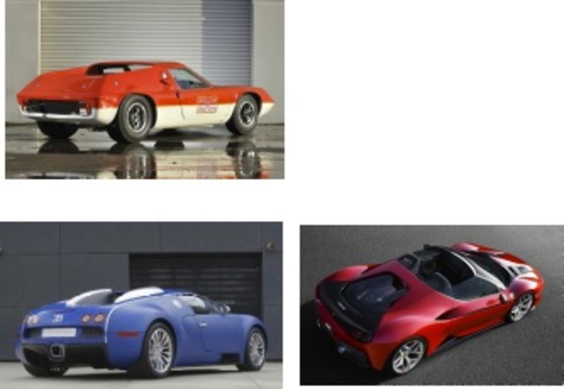  Lotus Europa, Bugatti Veyron e J50: il padiglione posteriore &ldquo;a superficie piena&rdquo; in tre ambiti ed ere diverse della tipologia berlinetta. Lotus presenta due sorte di vele, che scendono subito nel cofano. Bugatti sale ancora nelle prese d&#039;aria, presentando anch&#039;essa un fianco  bidimensionale. J50, pi&ugrave; recente, presenta una superficie estremamente  fluida