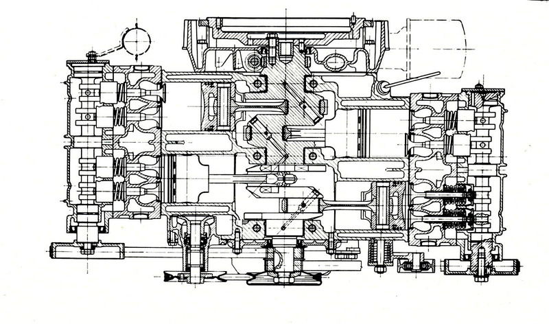 In questa sezione in pianta del motore Alfasud a quattro cilindri contrapposti si pu&ograve; ben notare, tra l&rsquo;altro, la disposizione delle pulegge sulle quali si avvolgono le due cinghie di comando della distribuzione