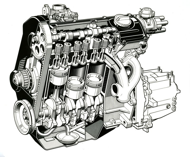 I tecnici del gruppo Volkswagen-Audi sono stati tra i primi ad apprezzare le grandi possibilit&agrave; offerte dalle cinghie dentate. Questo &egrave; il motore di una Audi 50 dei primi anni Settanta, con distribuzione monoalbero comandata da una cinghia dentata che provvede anche ad azionare la pompa dell&rsquo;acqua     